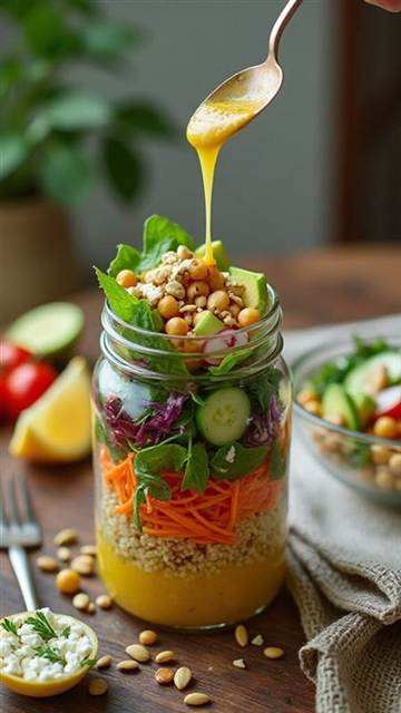 Molho dourado sendo servido sobre uma salada no pote